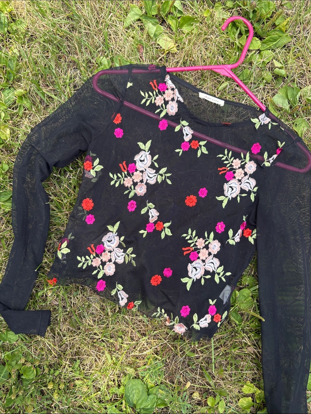 Mind Code Black Sheer Top with Multicolor Floral Embroidery